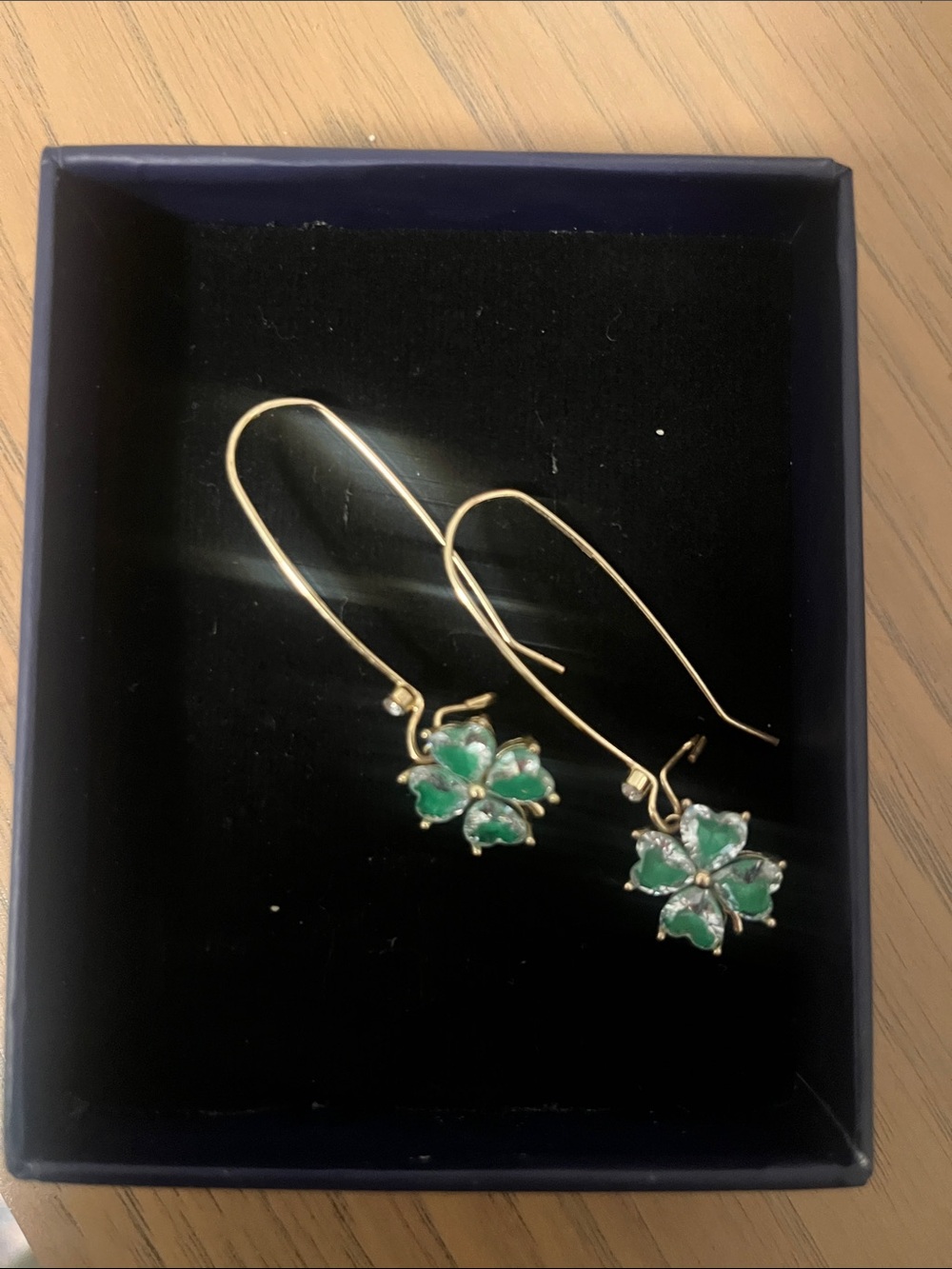 Green Clover Drop Earrings - Gold Tone